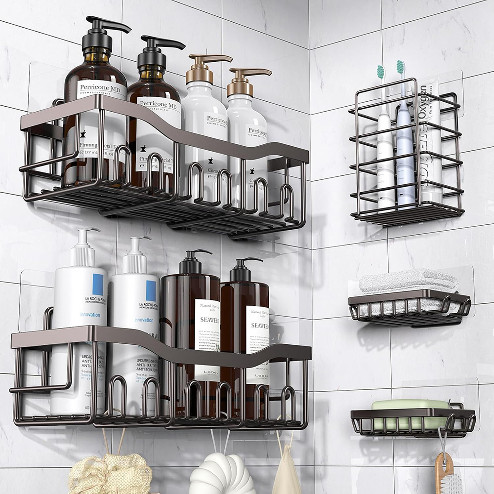 5-Pack Rustproof Stainless Steel Shower Caddy – No Drill Adhesive Bathroom Organizer with Large Capacity - Dark Brown