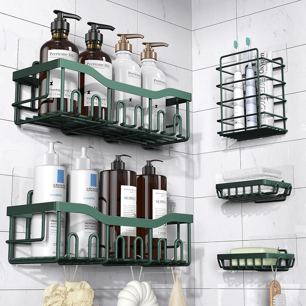 5-Pack Rustproof Stainless Steel Shower Caddy – No Drill Adhesive Bathroom Organizer with Large Capacity - Blackish Green