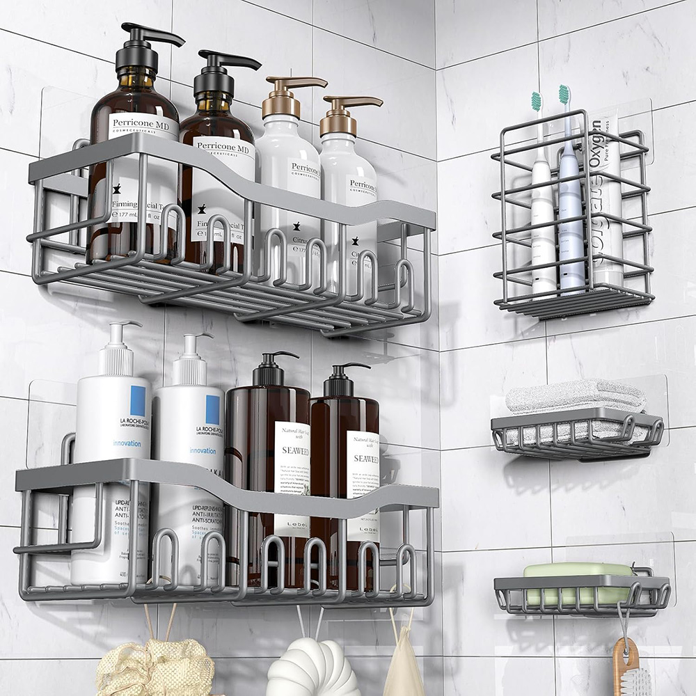 5-Pack Rustproof Stainless Steel Shower Caddy – No Drill Adhesive Bathroom Organizer with Large Capacity - Dark Grey
