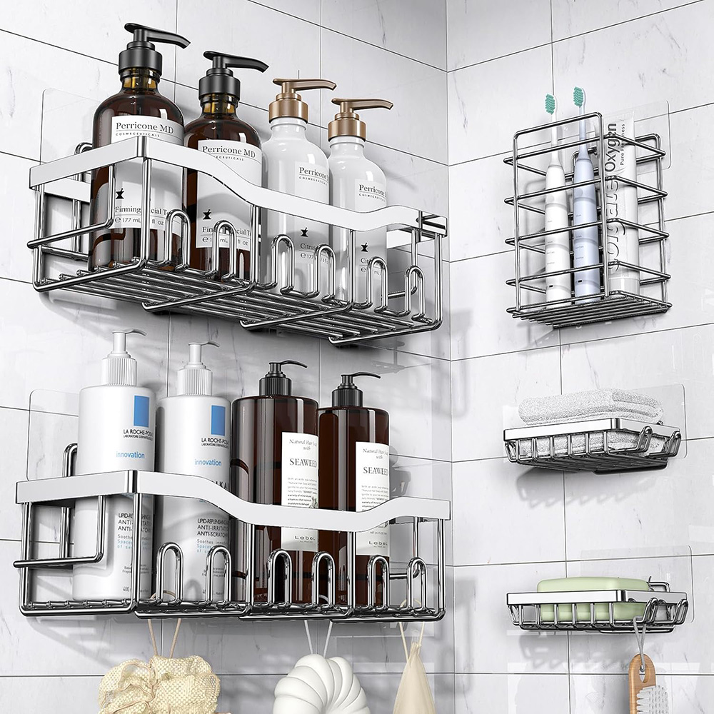 5-Pack Rustproof Stainless Steel Shower Caddy – No Drill Adhesive Bathroom Organizer with Large Capacity - Silver