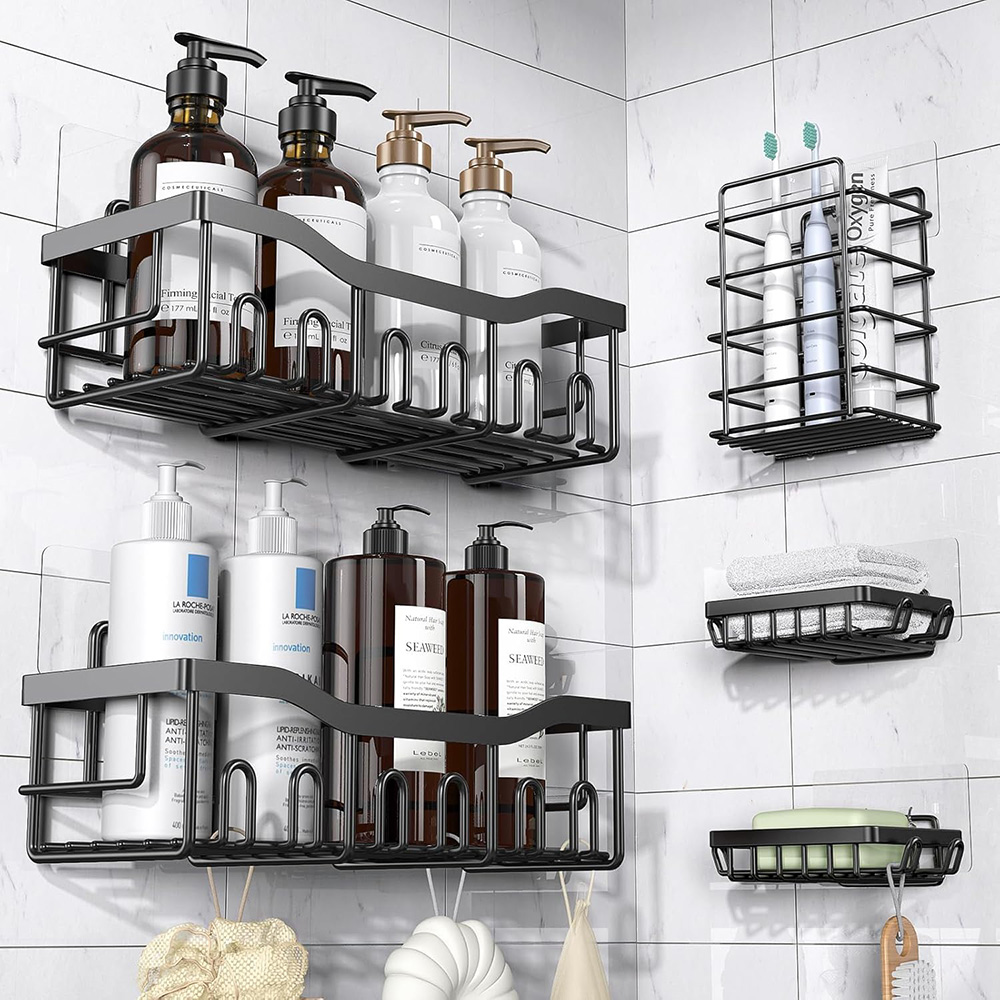 Adhesive Shower Caddy, 5 Pack Rustproof Stainless Steel Bath Organizers With Large Capacity - XL Size - Black