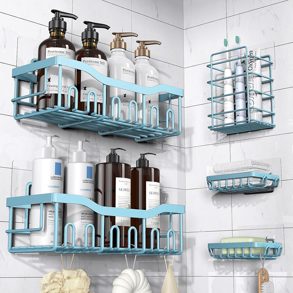 5-Pack Rustproof Stainless Steel Shower Caddy – No Drill Adhesive Bathroom Organizer with Large Capacity - Light Blue