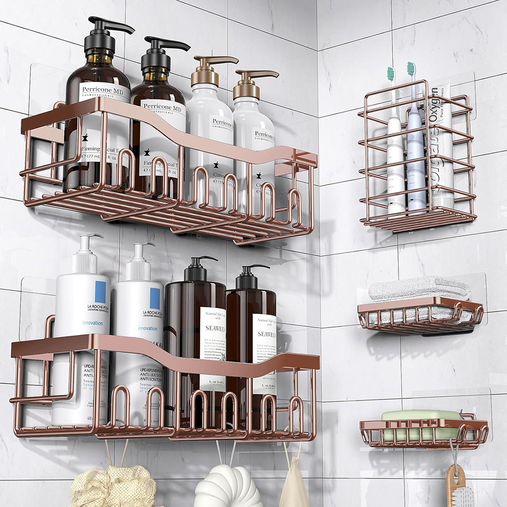 5-Pack Rustproof Stainless Steel Shower Caddy – No Drill Adhesive Bathroom Organizer with Large Capacity - Pink Gold