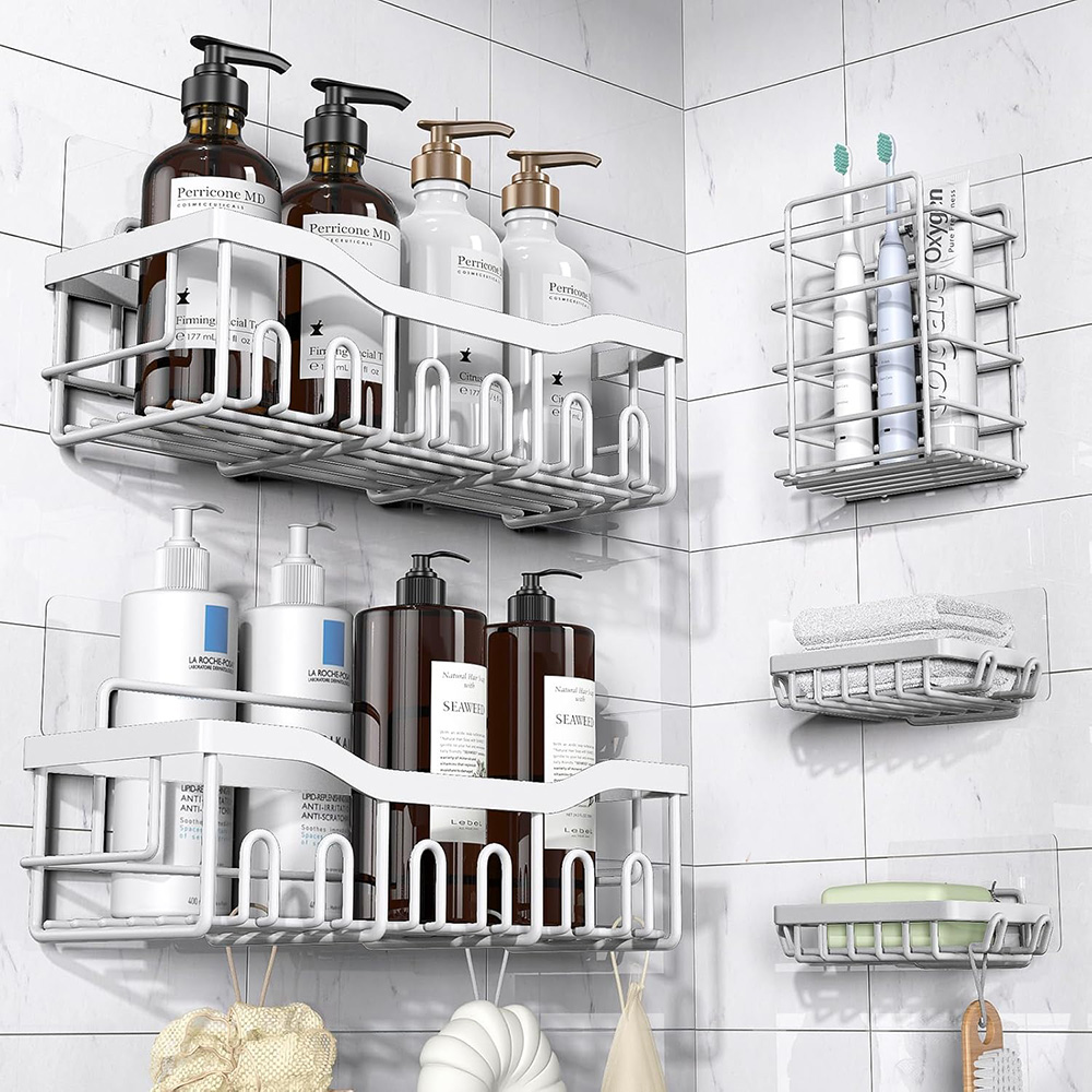 5-Pack Rustproof Stainless Steel Shower Caddy – No Drill Adhesive Bathroom Organizer with Large Capacity - White