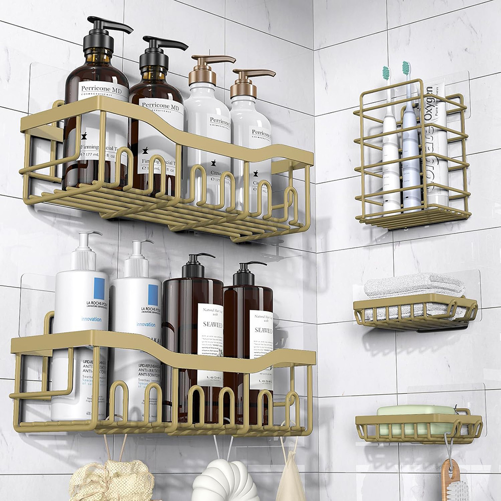 5-Pack Rustproof Stainless Steel Shower Caddy – No Drill Adhesive Bathroom Organizer with Large Capacity - Matte Gold