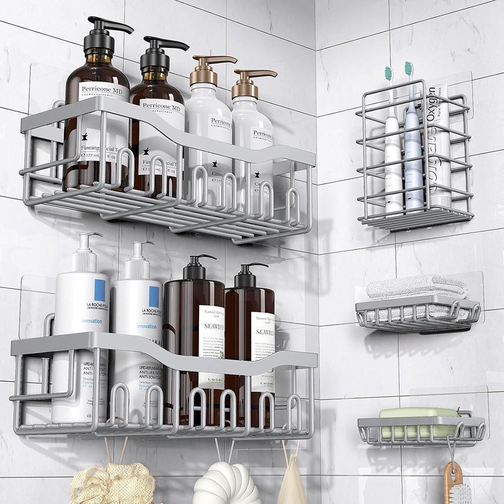 5-Pack Rustproof Stainless Steel Shower Caddy – No Drill Adhesive Bathroom Organizer with Large Capacity - Light Grey