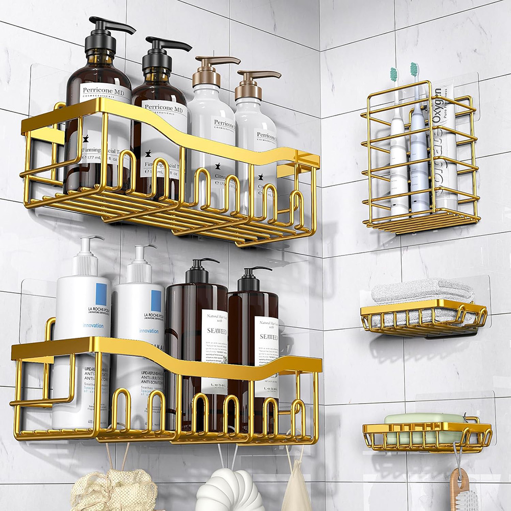 5-Pack Rustproof Stainless Steel Shower Caddy – No Drill Adhesive Bathroom Organizer with Large Capacity - Bright Gold